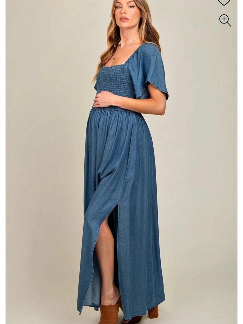 PinkBlush Blue Chambray Smocked Maternity Maxi Dress Small - NWOT